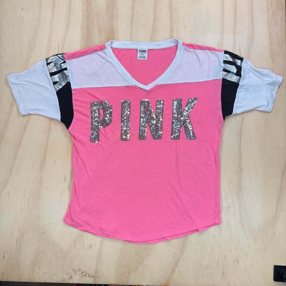 Victoria's Secret Pink Bling Silver Sequins T-Shirt Top M Vintage - Picture 10 of 11